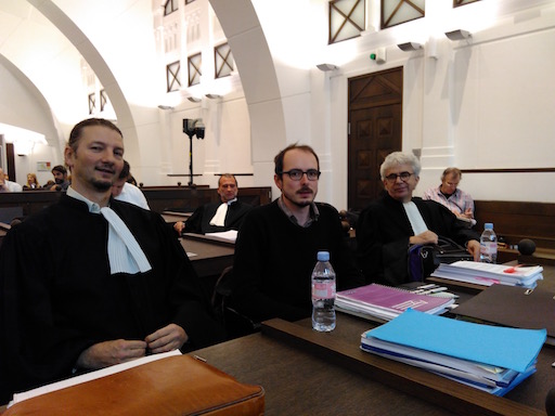 Philippe Penning, Antoine Deltour, William Bourdon, sitting in the courtroom