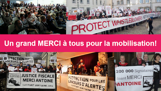 Patchwork de photos de mobilisations en soutien à Antoien, avec la mention “Un grand MERCI à tous pour la mobilisation !”